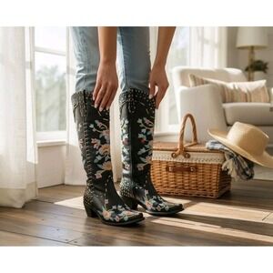 Knee High Cowboy Boots Embroidered Faux Leather Cowgirl Boho Festival Sz 6